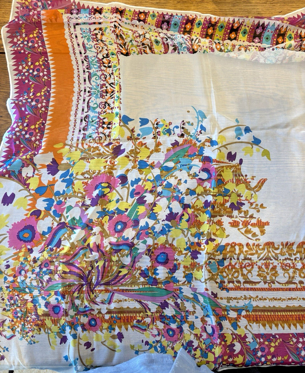 Echo Floral Sheer Boho Pink Blue Orange 100% Silk Japan Scarf 35" Square Vintage